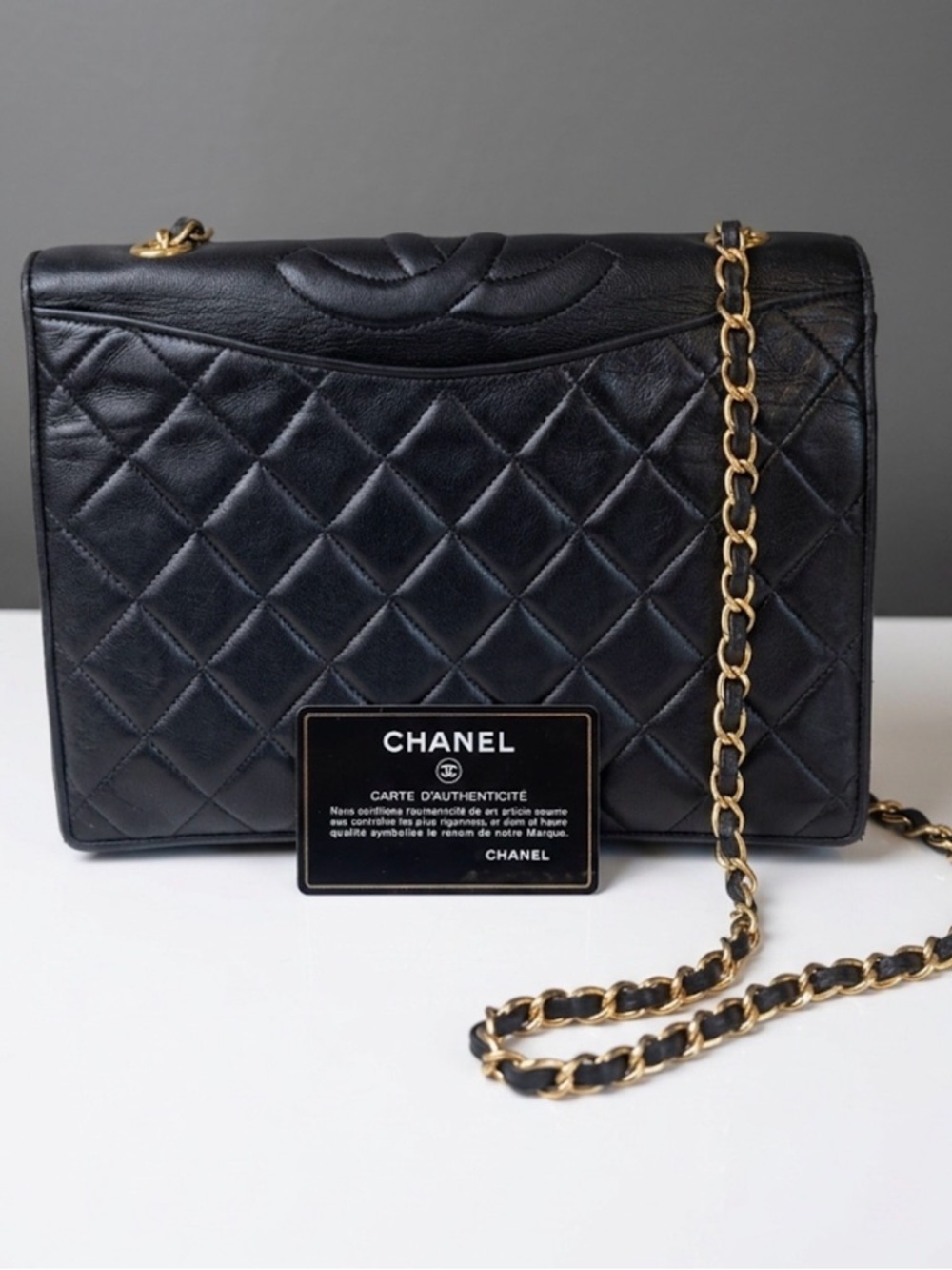 Chanel CC Black Lambskin Quilted Flap Bag Shoulder Gold Matelasse Authentic Card